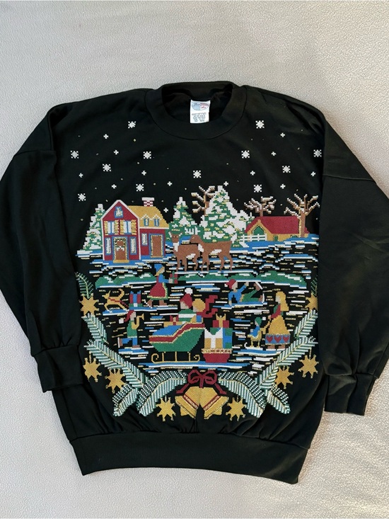 Land’n Sea Tops - Vtg. Land’n Sea Christmas Village Sweatshirt Glitter Puff Paint Medium USA Made
